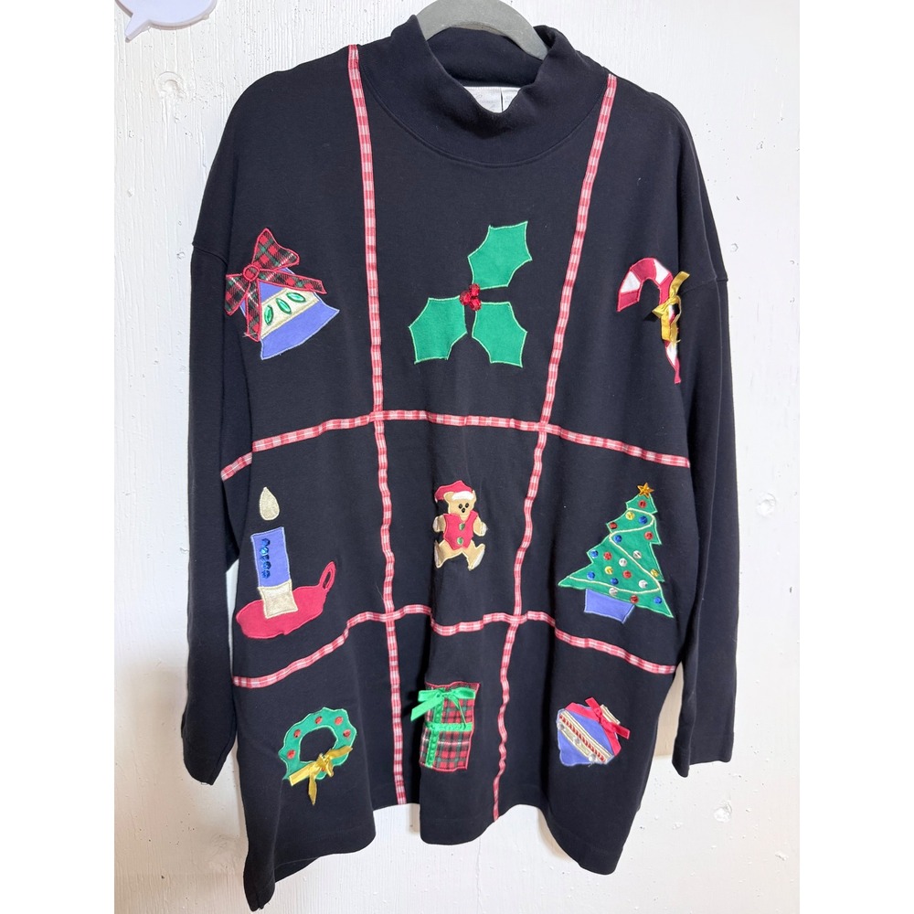 Laura Gayle Vintage Christmas Applique Mock Neck Sweatshirt 3X Grannycore Ugly